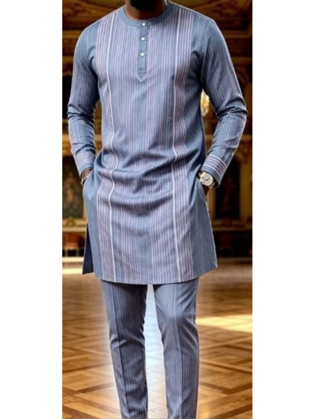 African Formal Dashiki Grayish Blue Shirt & Pant Suit Traditional Dress Outfit